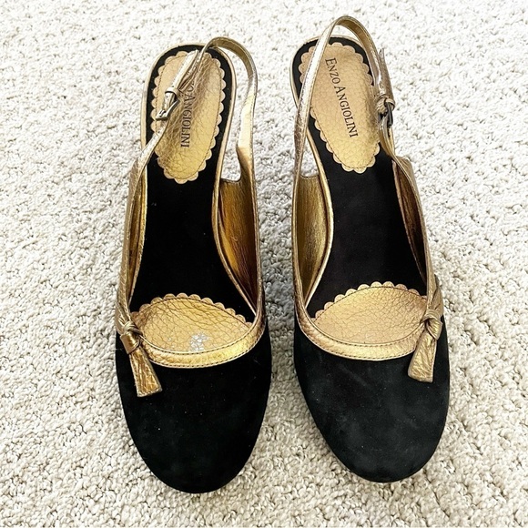 Enzo Angiolini Black Suede Leather Slingback Heels Sz 9.5 Pump Gold Metallic Bow - Picture 3 of 10